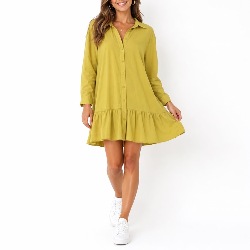 Fashion Mustard Yellow Ruffle Drop Waist Button Down Shirt Dress Large